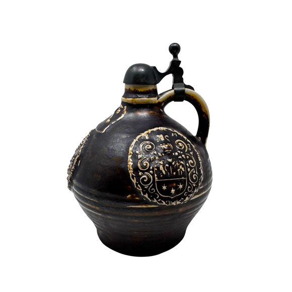 Vintage German Salt Glaze Stoneware Jug w/ Pewter Lid 6.5” Coat of Arms Marked 9 - Picture 2 of 16